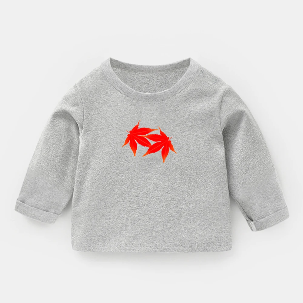 

Beautiful Literary Style Red Maple Leaf Design Newborn Baby T-shirts Mountains Sketch Printing Solid Color Long Sleeve Tee Tops