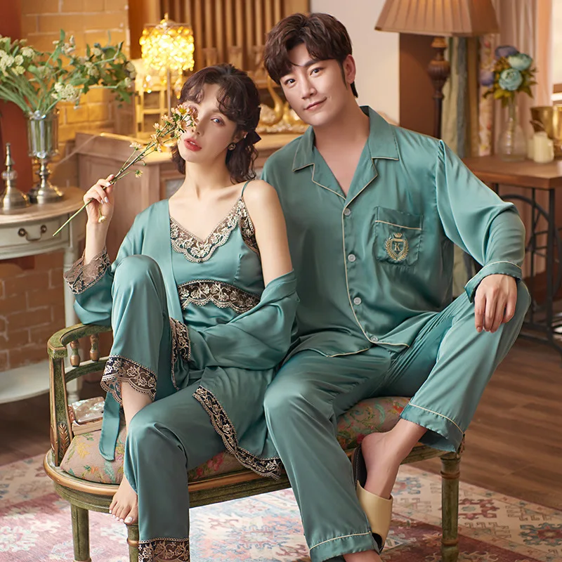 Summer Couple Pajamas Men Long Sleeve Pants 2Pcs Women Robe Sling Pants 3Pcs Ice Silk Female Pajamas Set Home Service Suit