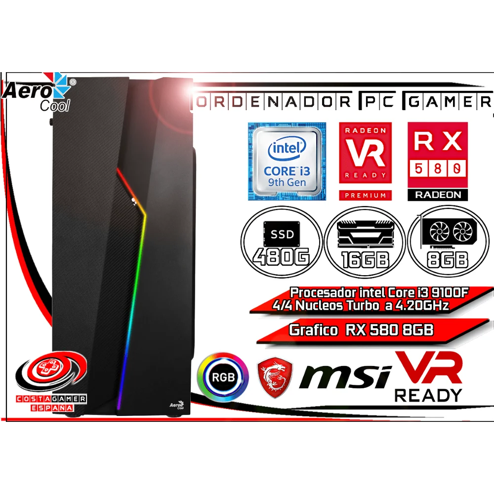 Computer Gamer PC INTEL Core I3 9100 16GB Ram DDR4 SSD 480 GB graphics card AMD RX 580 8GB WIFI + WINDOWS 10