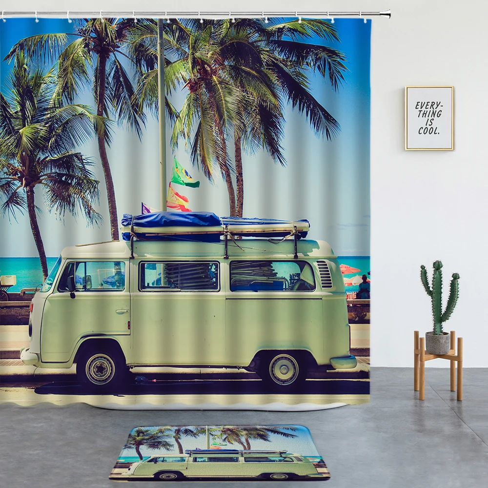 Retro Camper Bus Shower Curtains Set Summer Holiday Palm Tree Bath Mats Bathroom Rugs Screen Room Decor Carpet Entrance Door Mat