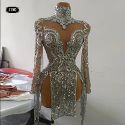 fashion Silver Fringe Mesh Transparent sequin Dress Women Birthday Celebrate Bar Latin Dancer Dresses drag queen costumes stage
