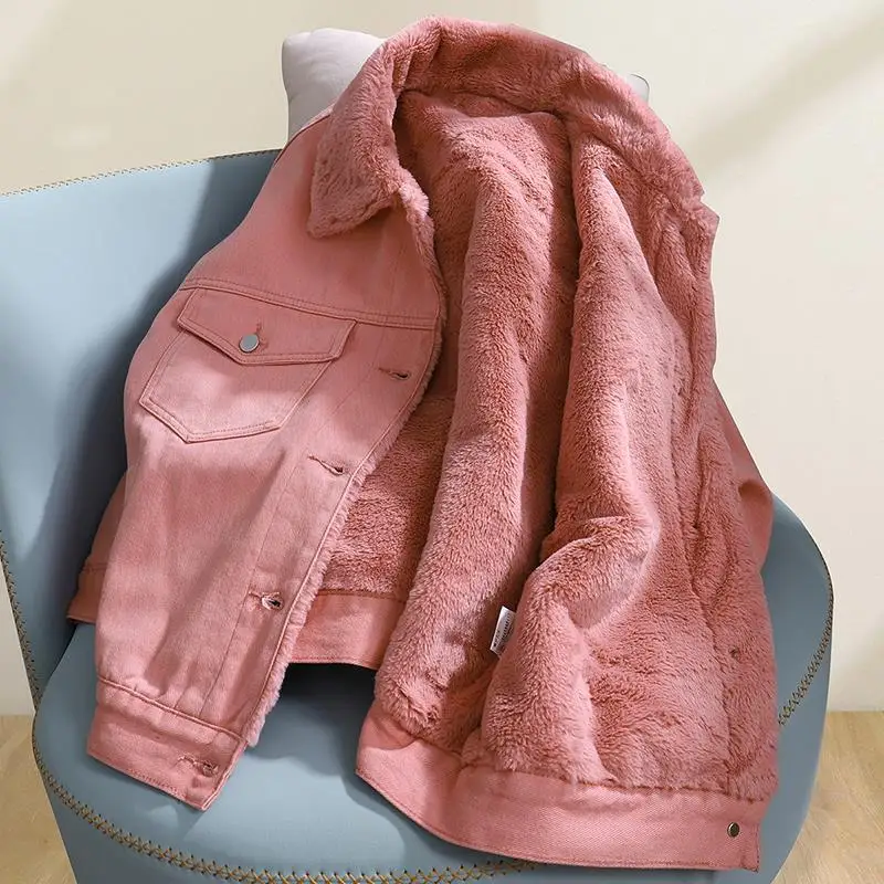 Women\'s Autumn and Winter Denim Fleece Jacket Korean Version Loose Fashion Pink Warm Denim Jacket Women\'s Streetwear Coat 2022