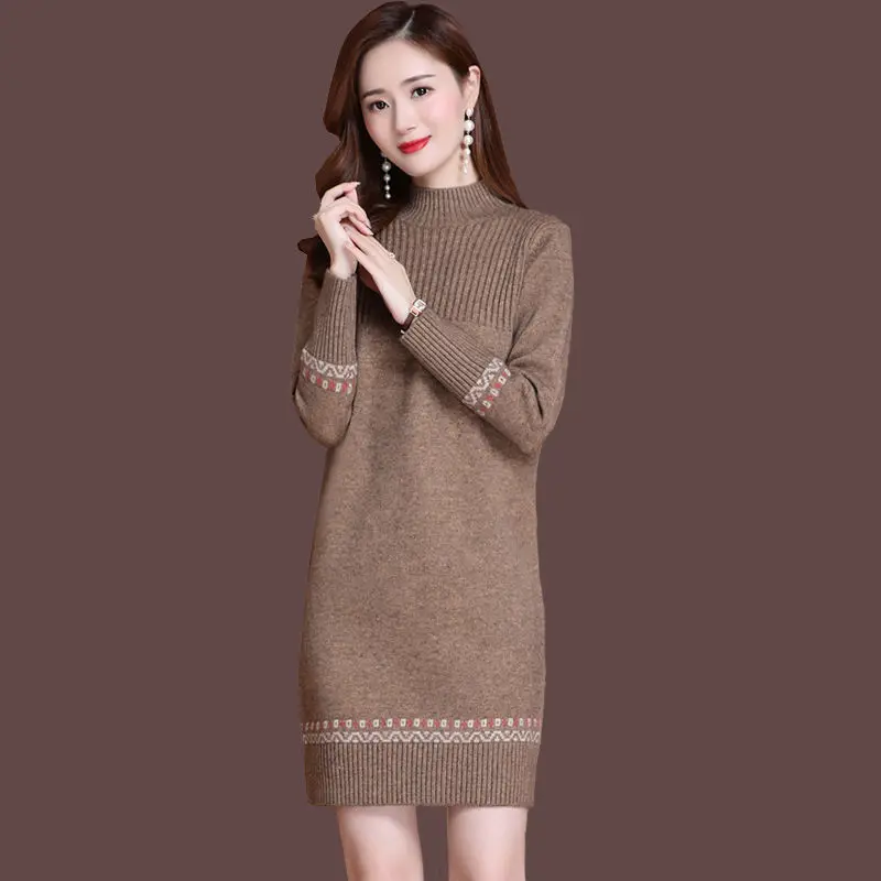 Fdfklak Warm Woolen Sweater Dress Women\'s Fall/Winter Long Sweater Thicken Half High Neck Knitted Bottoming Shirt Pull Femme