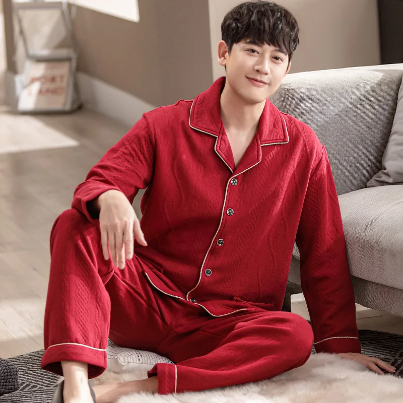 New Winter Thick And Warm Men Air Cotton Pajamas Set Long Sleeve Turn-down Collar Cardigan M-4XL Male Homewear