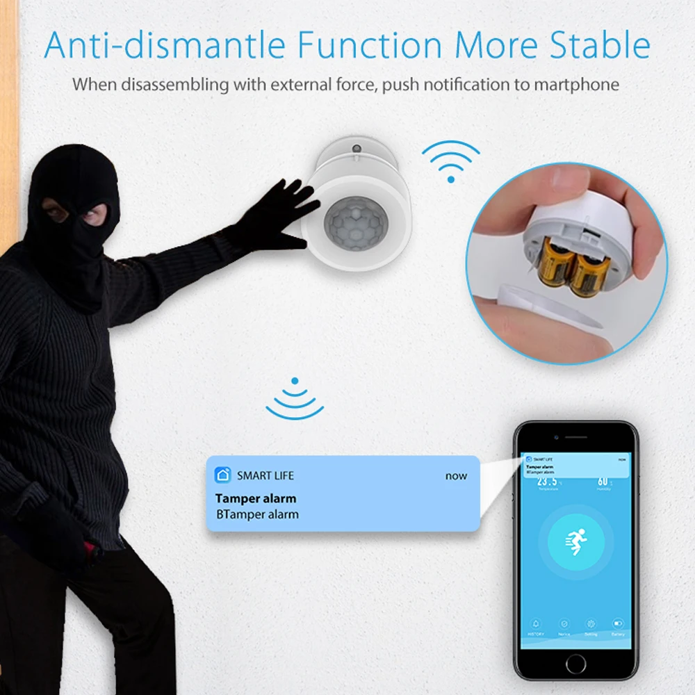 Wolf-Guard Tuya Smart WiFi PIR Motion Sensor Mini Infrared Movement Detector Temperature Humidity Detection 10M Range Adjustable