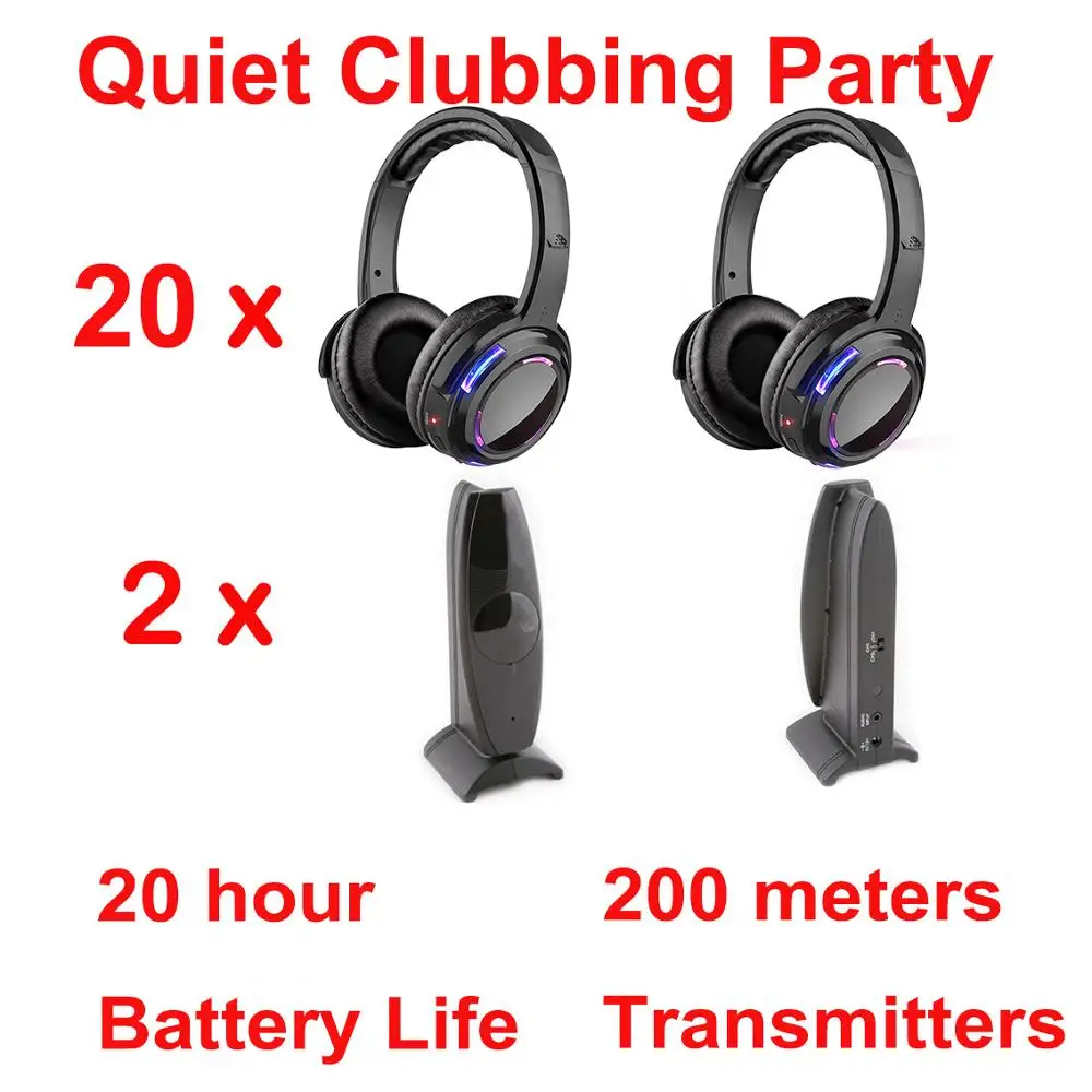 

200m Distanc Silent Disco Complete System Led Wireless Headphones - Quiet Clubbing Party Bundle (20 Headphones + 2 Transmitters)