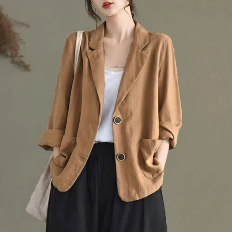 Women Cotton Linen Casual Blazer Jackets New 2021 Spring Simple Style Vintage Solid Color Loose Female Outerwear Coats S3616