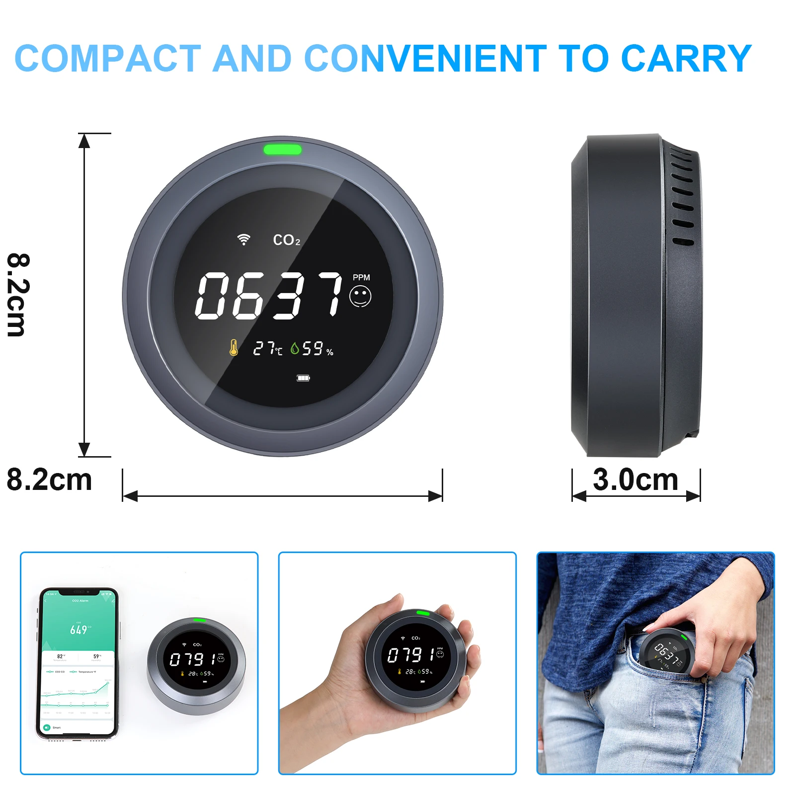 FABISENS Tuya WiFi CO2 Meter Smart Portable Carbon Dioxide Detector Air Quality Monitor Temperature Humidity Alarm Gas Analyzer