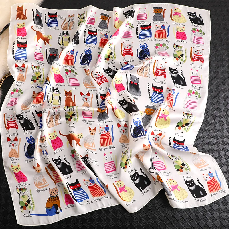 Luxury Brand 2024 New Fashion Summer Silk Square Scarf Women Cat Satin Neck Hair Tie Band Beach Hijab Head Female Foulard