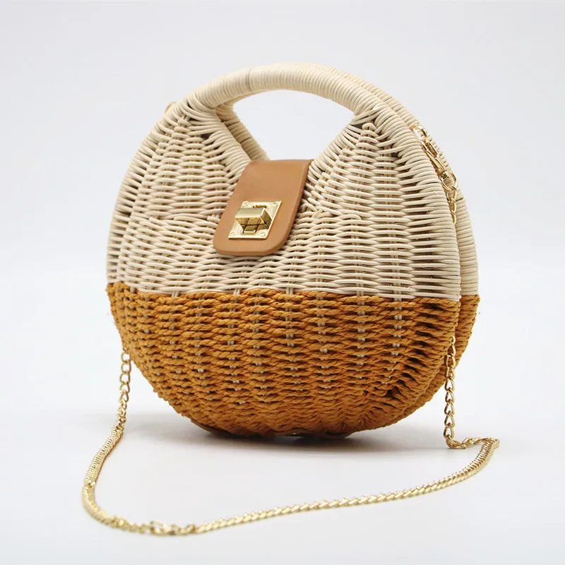 Bohemian Women\'s Crossbody Bags Summer Straw Beach Bag Round Flap Lock Chain Female Handbags Luxury Designer Shopper Purse