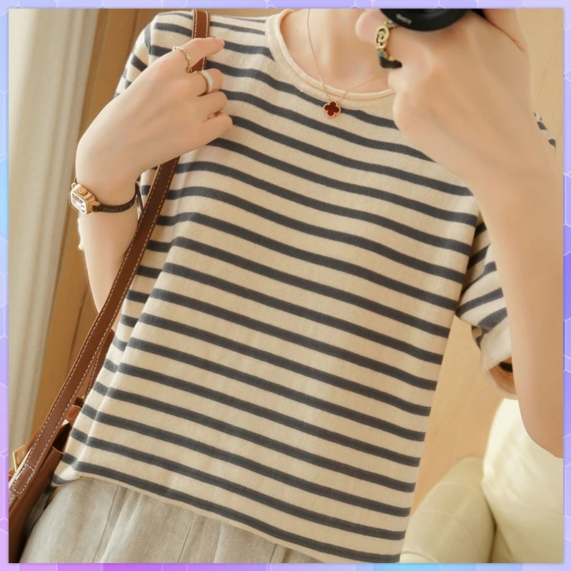 Striped Oversized Knitted T-shirt Short Sleeve T-shirts Women's Cothing 2021 Cotton Tops Summer Loose Top Female V Neck Tshirt