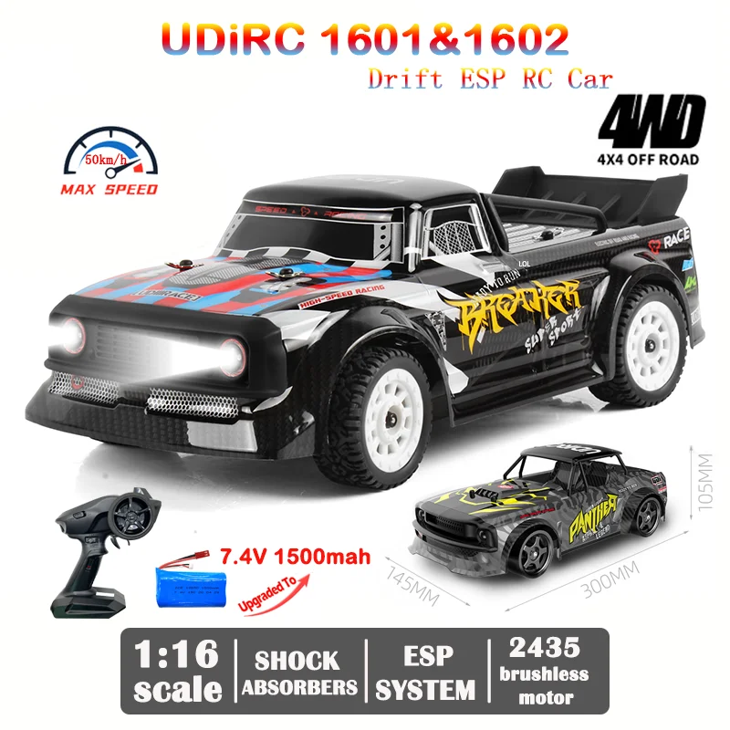 

UDIRC 1601 1602 RC Car 1/16 2.4G Brushless 4WD 50Km/H High Speed Remote Control Drift ESP Car LED Light RTR Vehicle Toy Gift Kid