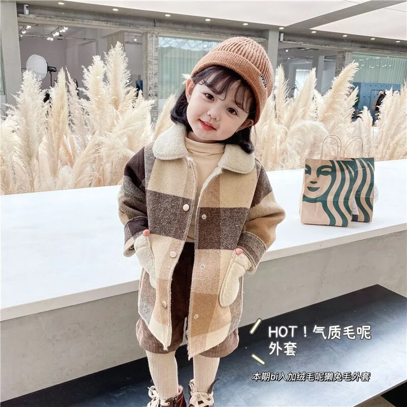 

80-130 Cm Winter Girls Long Thick Warm Plaid Fleece Coat Baby Kids Children Clothes Jacket Outerwear