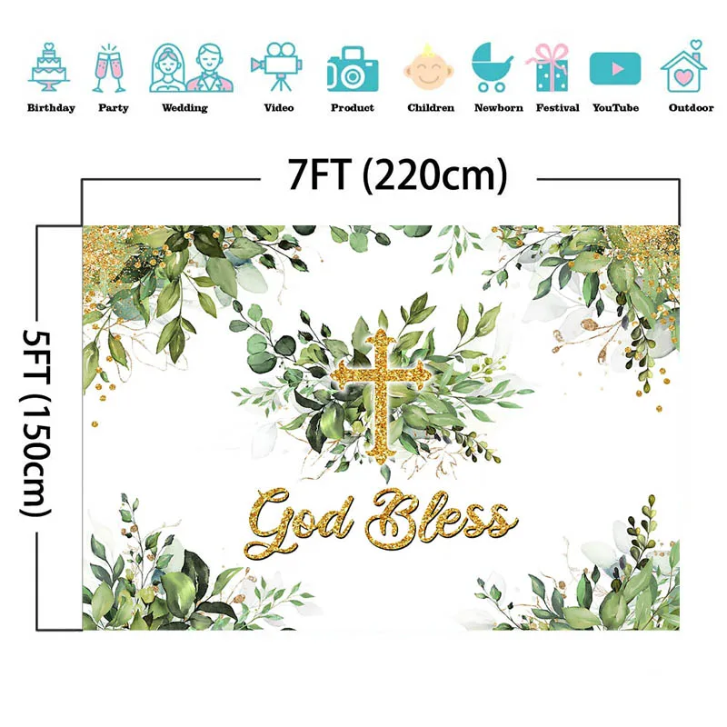 Toile de fond de baptême de dieu, feuille verte, fleur dorée, croix, pour fête d'anniversaire de première Communion, décoration de Table à gâteau, bannière