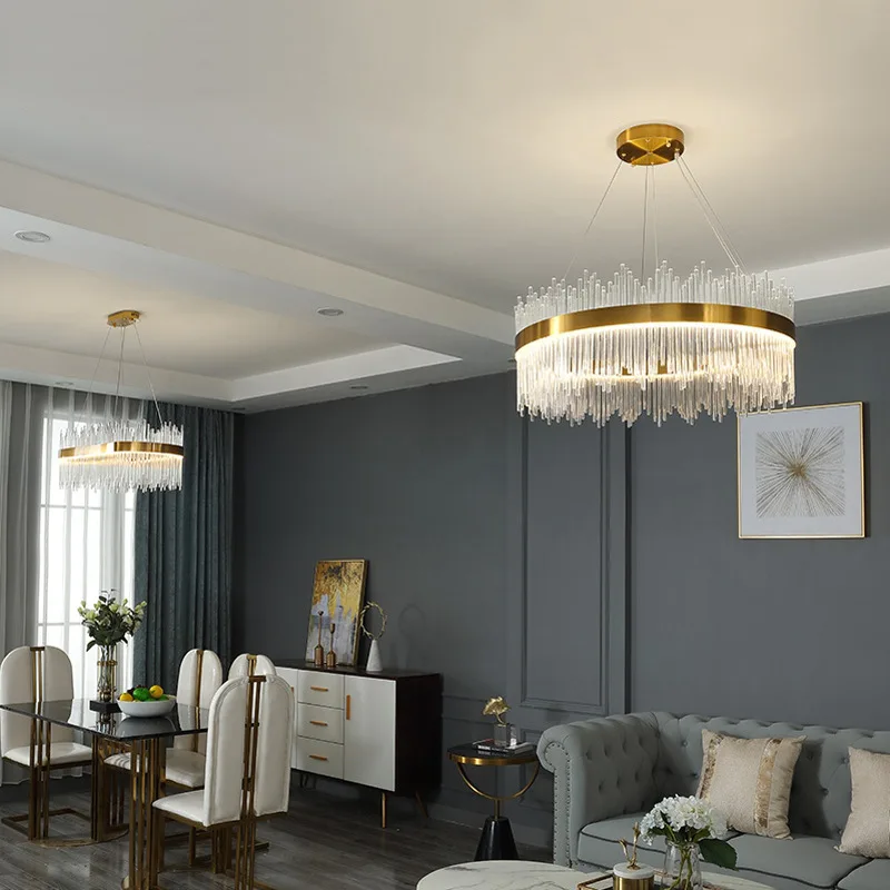 Modern Crystal Chandelier, Round Crystal Gold LED Hanging Ceiling Light, 3-Way Dimmable Pendant Lights Fixture for Dining Room,