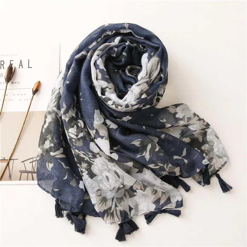 Women Autumn Navy Blue Abstract Floral Viscose Shawl Scarf High Quality Print Wrap Pashmina Snood Bufandas Muslim Hijab 180*90cm