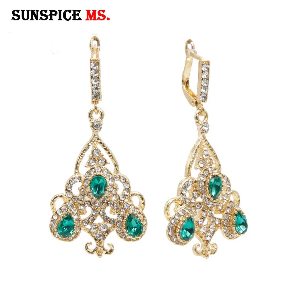 Sunspicems Ethnic Morocco Wedding Earring Gold Color Full Rhinestone for Women DuBai Bridal Jewelry Hook Dangle Ear Pendants