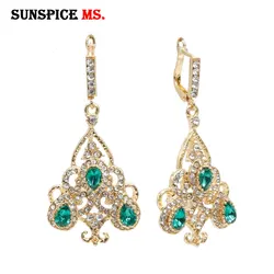 Sunspicems Ethnic Morocco Wedding Earring Gold Color Full Rhinestone for Women DuBai Bridal Jewelry Hook Dangle Ear Pendants