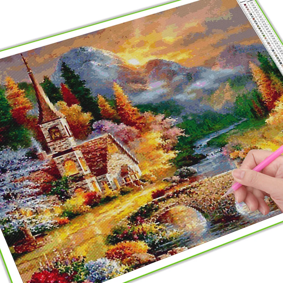 5D Diy Mosaic Embroidery Church Scenery Diamond Painting Bridge Cross Stitch Pictures Needlework Handmade Home Decoration AA3202