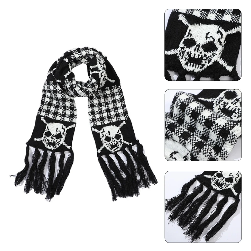 Scarf With Fringes For Men Black And White Skull Crossbones Knitted Scarf Imitation Wool Autumn Winter Stylish Skull