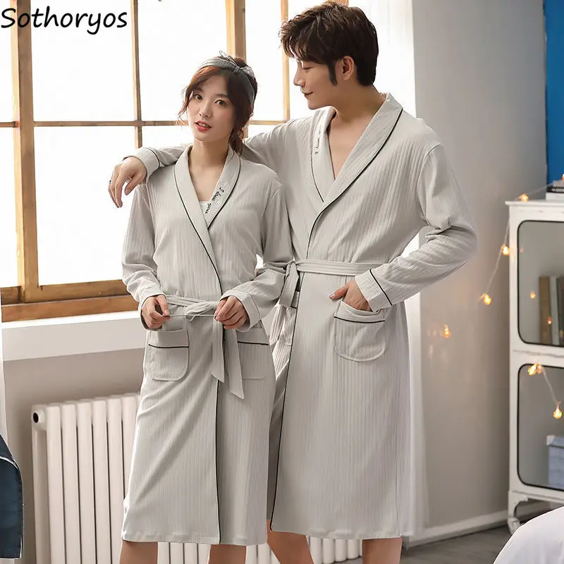 Robes Women Spring Autumn Long Sleeve Couple Lace-up Knee Length Sleepwear Print Fashion V-neck Basic Stylish Bathrobe Lounge