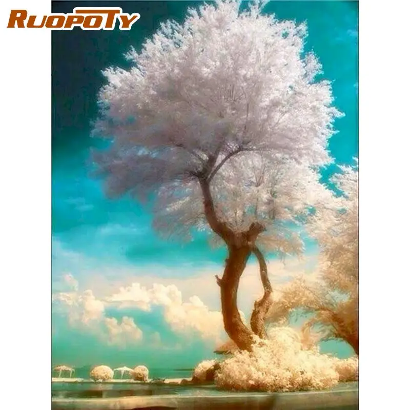 RUOPOTY Winter snow sceney Oil Painting By Number Kits Diy Framed On Canvas tree Landscape Picture By Number Craft