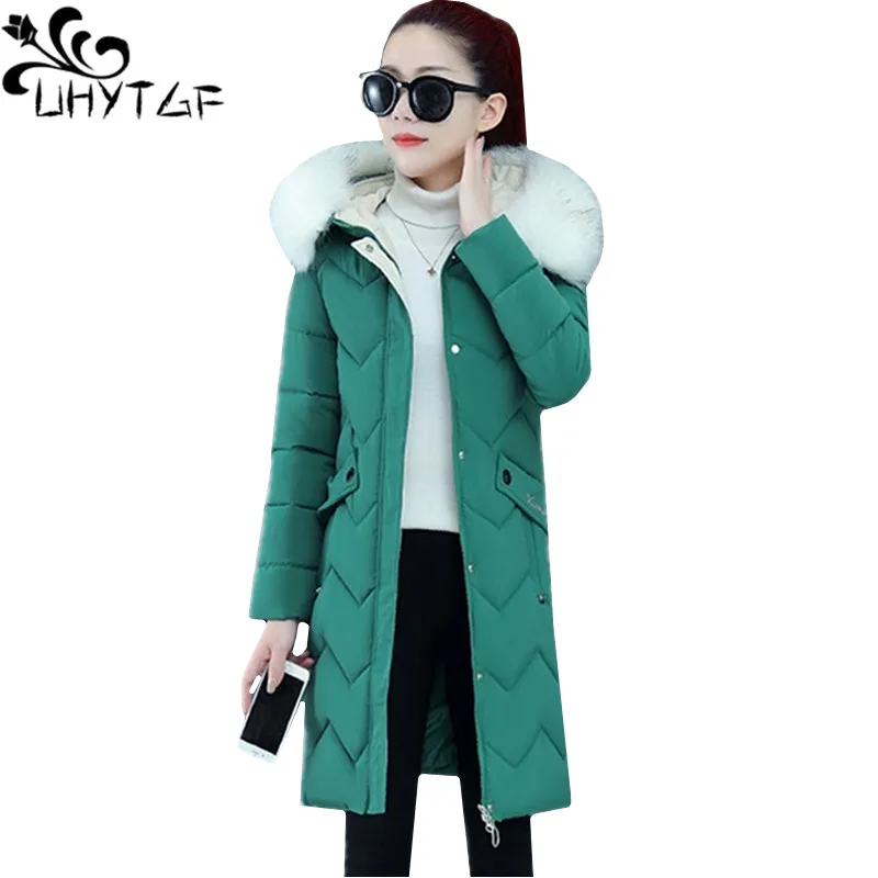 UHYTGF Coat Women Winter Down Jacket Hooded Warm Parker Women Fashion Fur Collar Thicken Casual 3XL Big Size Cotton Jacket 1013