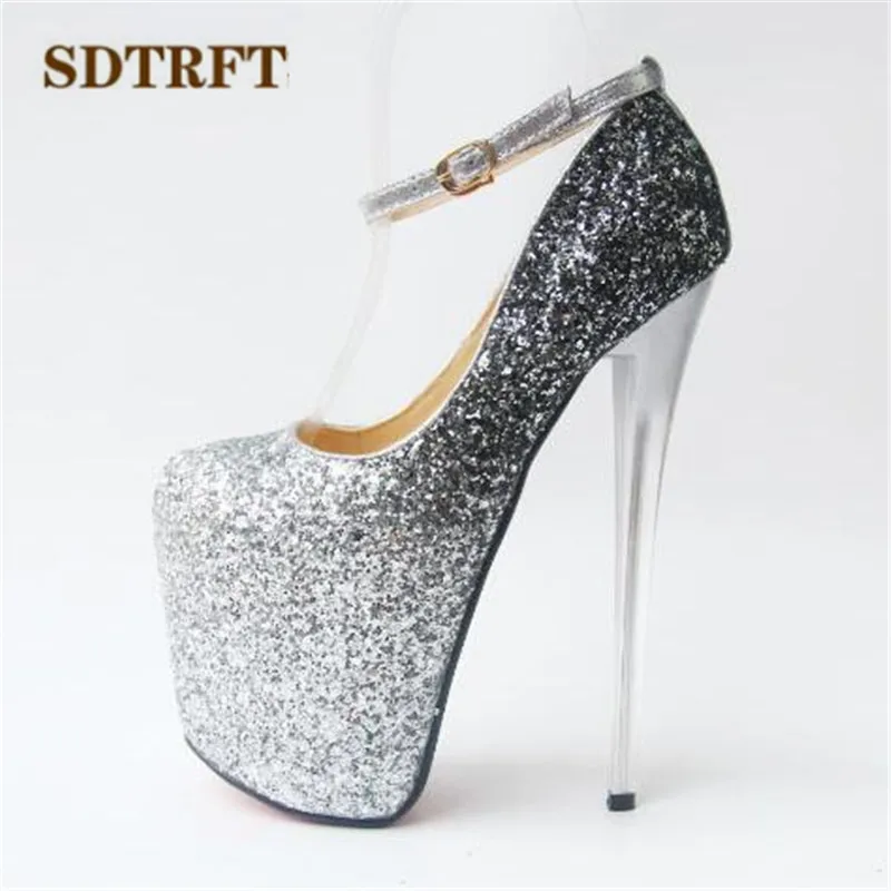 SDTRFT Gold Sliver Sequins Pumps Ladies Platform shoes woman 20cm thin heels Nighclub Ankle Strap single wedding Dance Stiletto