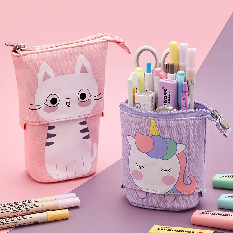 gato bonito escola lapis case para meninas menino pencilcase lona cartucho caneta bolsa kawaii unicornio canetas caixa titular artigos de papelaria fornecimento 01