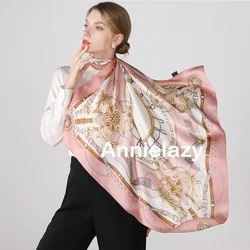 90*90cm sciarpa di seta quadrata scialli da donna fazzoletto da collo Designer stampa Chiffon sciarpa Hijab Foulard sciarpe da donna morbido grande Bandana