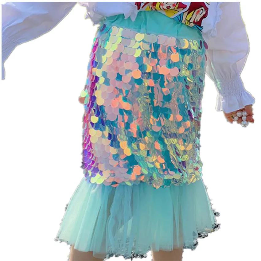 Baby girl spring new fashion shiny sequined mermaid skirt kids elastic waist package hip trumpet skirt