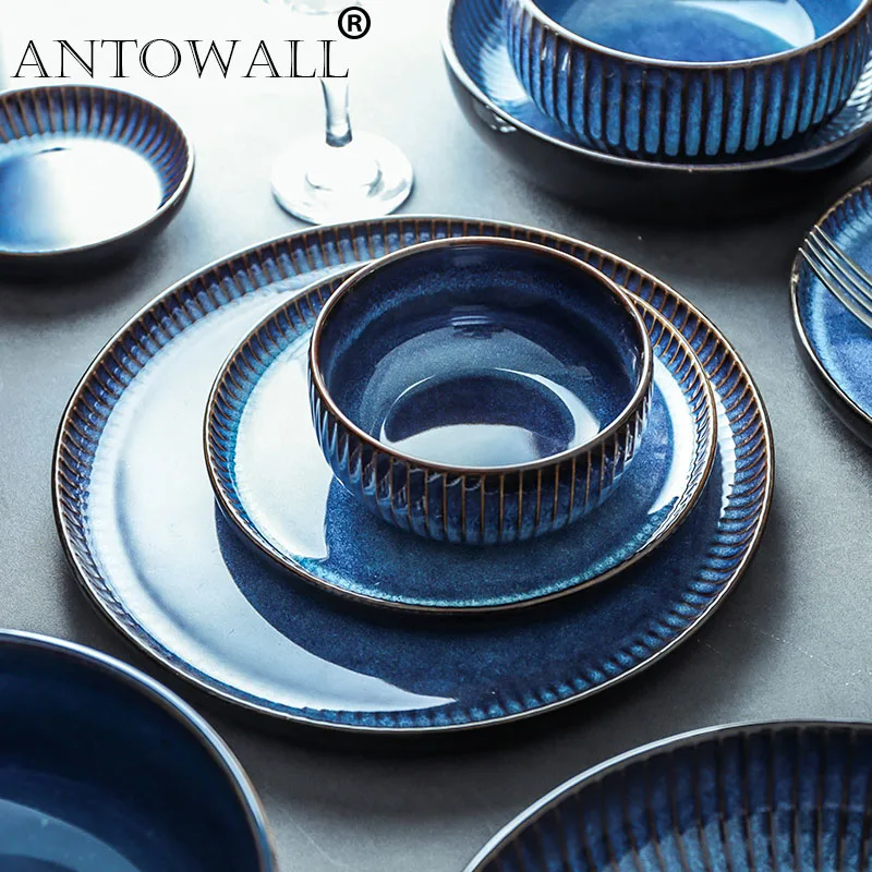 ANTOWALL Creative Nordic ceramic plate blue stripe flat plate household ceramic plate western plate pasta steak plate