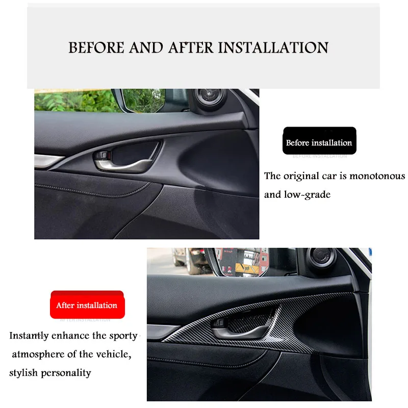 4pcs For Honda Civic 10th 2016 2017 2018 2019 2020 Car Interior Door Plate Bowl Handle Hatchback Decoration Sticker Auto Parts