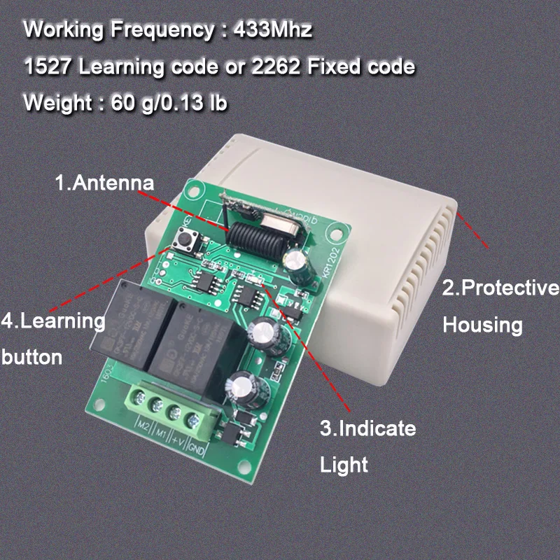 433MHz Garage Door Opener Remote Control Switch Universal Wireless DC 12V 2CH Relay Receiver Module Transmitter For DC Motor LED