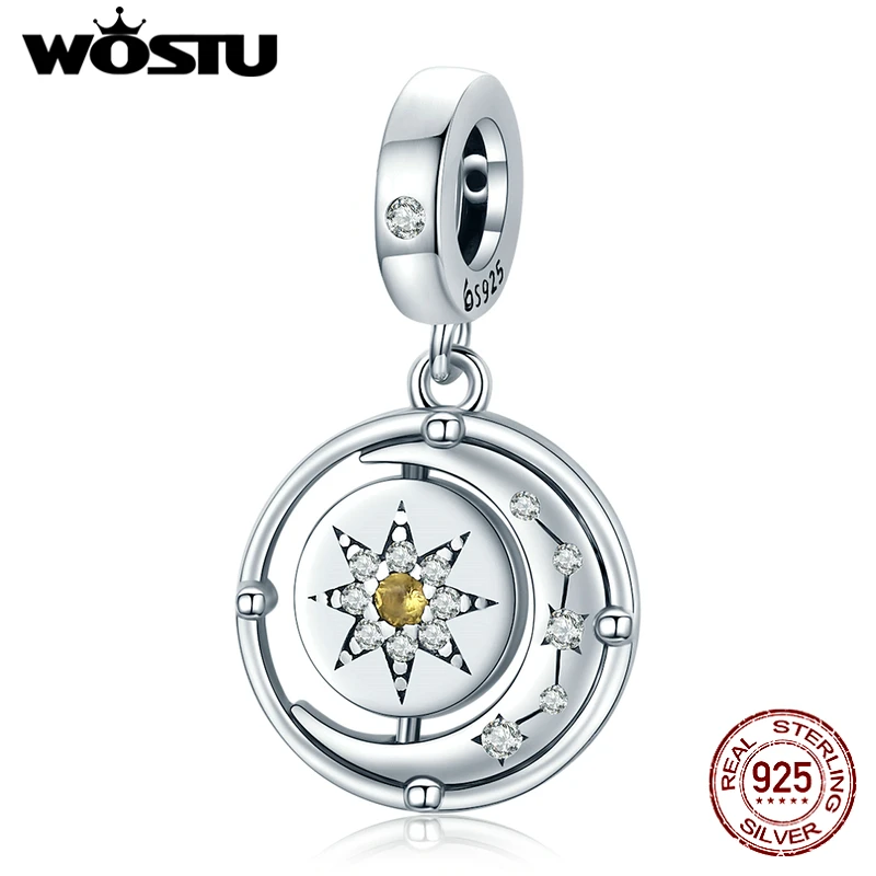 WOSTU 925 Sterling Silver Charm Moon & Star Bead Pendant Fit Original Bracelet Necklace For Women Jewelry CTC477