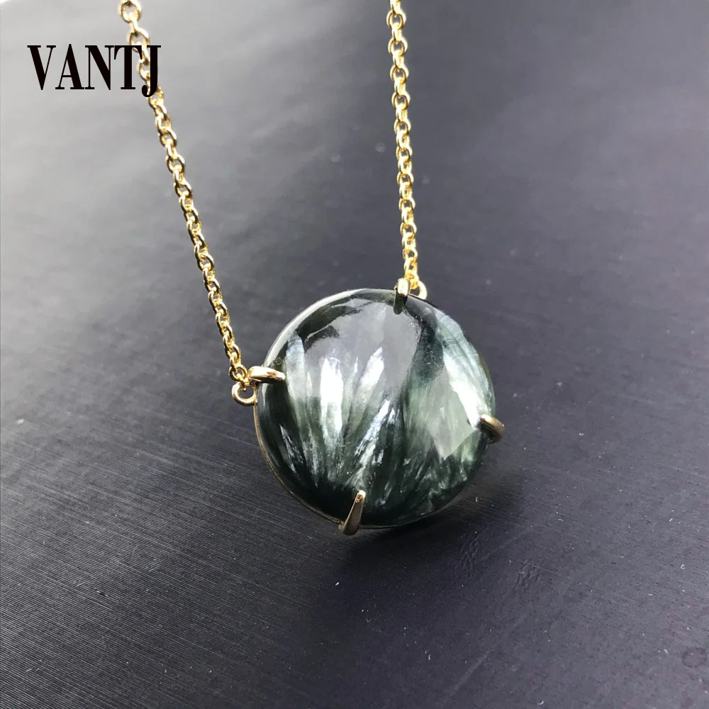 Elegant Real Natural Seraphinite Pendant Sterling Charoite Necklace Gold Round 20mm for Women Lady Jewelry Wedding Party Gift