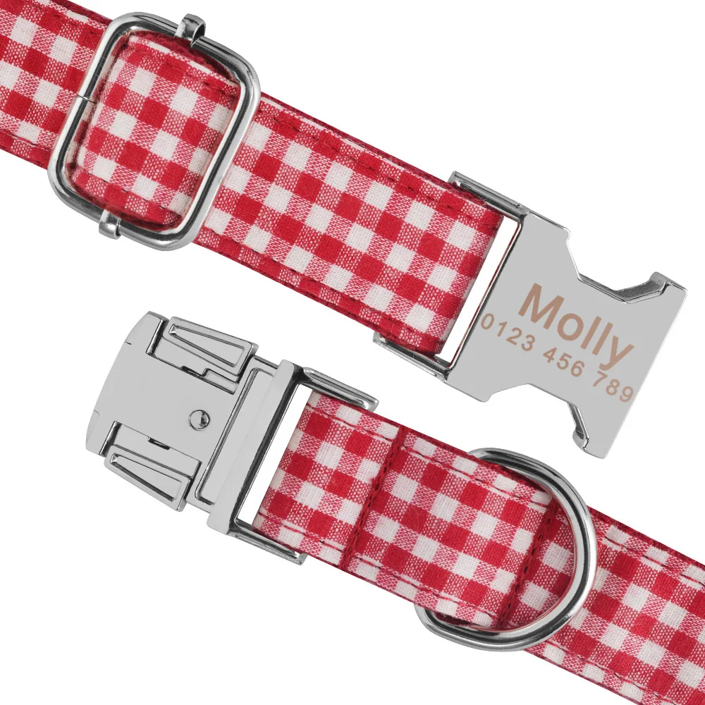 Red Plaid Engraved Name Dog Collar Fresh Summer Free Customization Personalized Pet supplies Adjustable ID Buckle