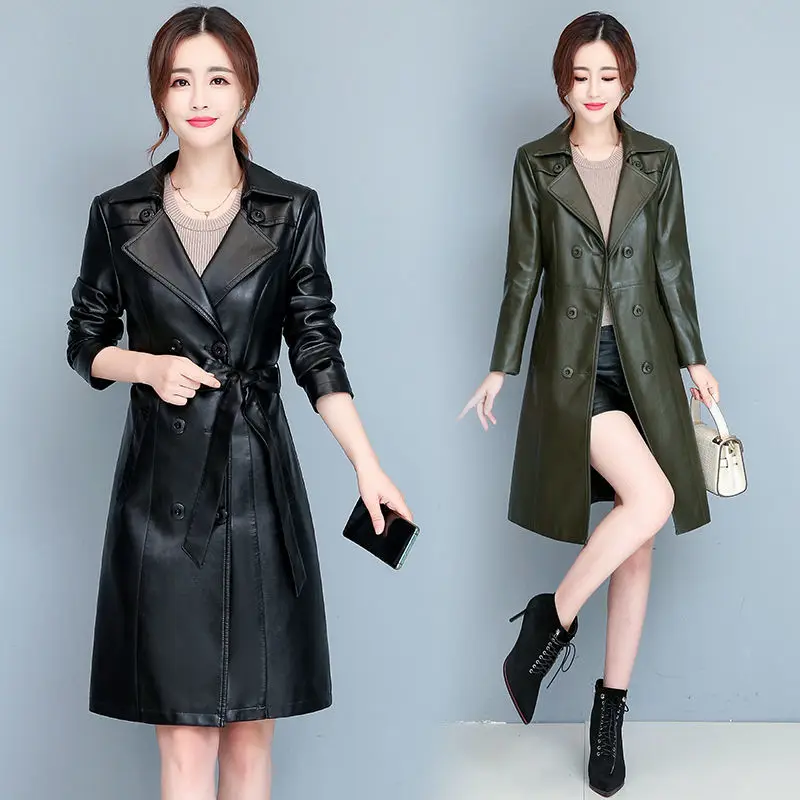 Áo Khoác Da Nữ Trung Dài Mỏng Dây Áo Gió CoatLadies Da Cừu Mùa Thu Đông Da Thật Chính Hãng Da Ấm