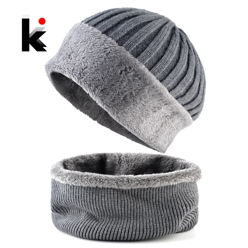 Winter Beanie And Scarf For Men Solid Thick Knitted Hat Scarf Set Outdoor Snow Skullies Beanies Women Warm Velvet Hats Scarves