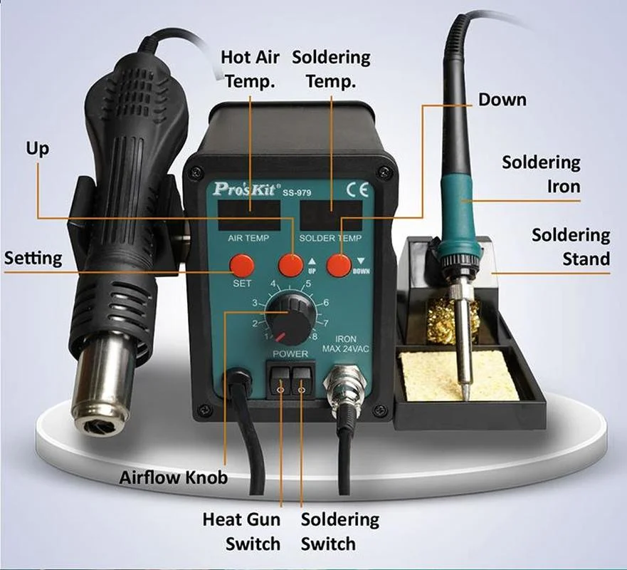 Pro'sKit Hot Air Soldering Rework Station SS-979H 2 In 1 SMD Dual Digital Display 760W Heat Gun Welding Iron PCB Repair Tools