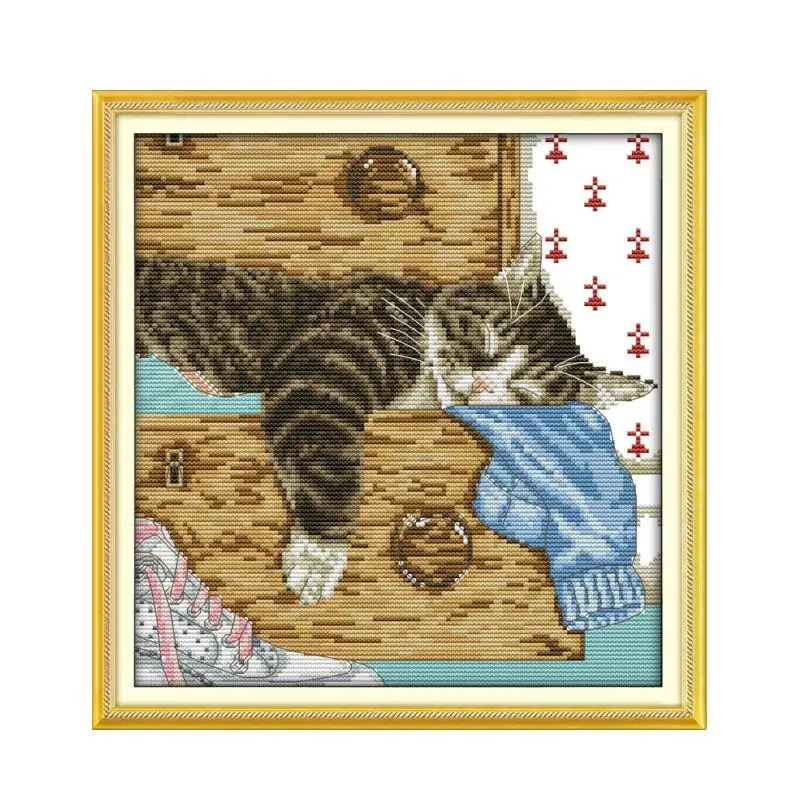 Lovely Lazy Cat Pattern Cross Stitch Kit 14CT 11CT Counted Printing Fabric DIY Chinese Embroidery Kit Home Wall Deco Painting