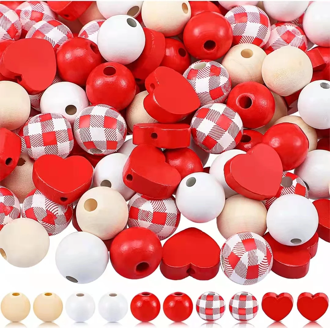 20pcs Valentine's Day New Products DIY Red Heart-Shaped Painted Wooden Beads Jewelry Accessories Fashion Romance Customized Gift