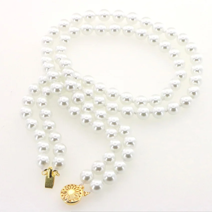 Fashion 2 Rows 8mm White Akoya Shell Pearl Round Beads Necklace Bracelet Earring Set Woman Girl Christmas Gifts Wholesale Prices