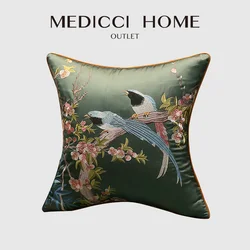 Medicci Home Silk Cushion Cover Spring Birds Embroidery Oriental Luxury Upmarket Brocade Pillowcase For Couch Sofa Bed 18x18Inch