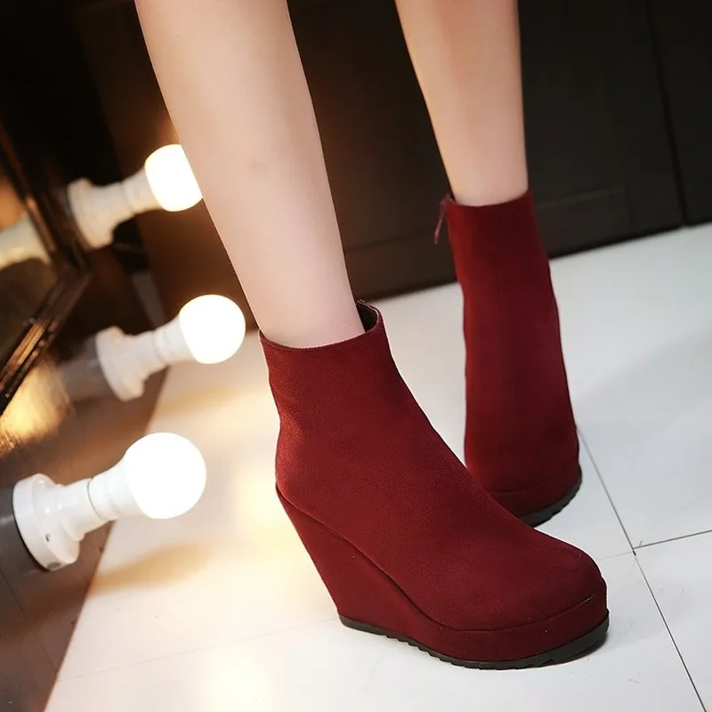 winter The New fashion Round head Wedge Women's boots black Red wine gray blue Plus velvet Keep warm High heel Women boots 34-39