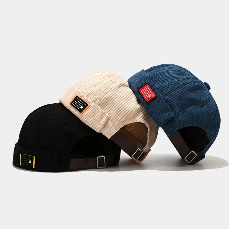 Men Women Letter Label Velvet Beanie Docker Cap Harajuku Hip Hop Retro Rolled Cuff Brimless Adjustable Landlord Sailor Skull Hat