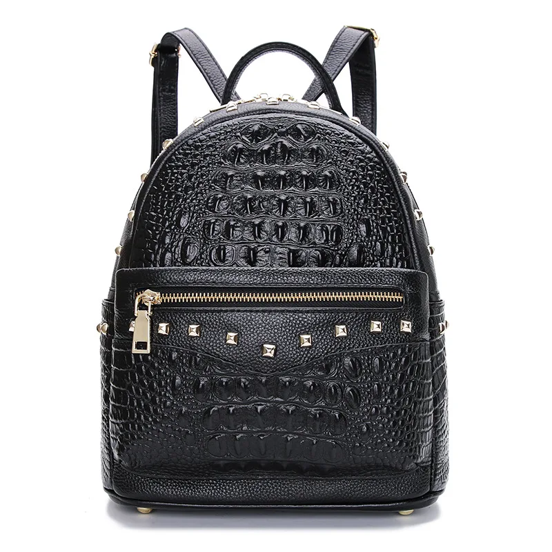 2021 New Real Genuine Leather Cowhide Women\'s Backpack School Shopping Bag Party Rivet Ladies Female Backpacks Crocodile Pattern