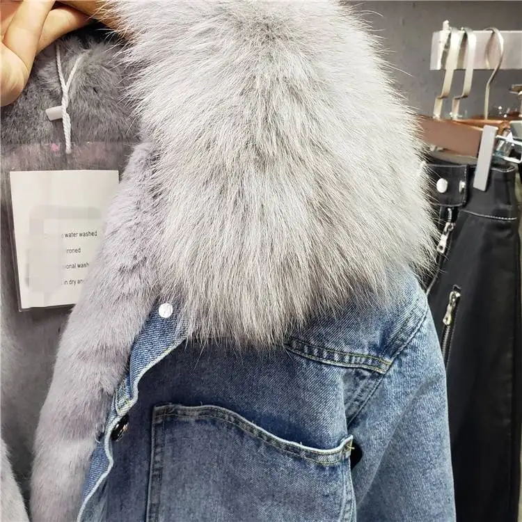 Nieuwe Vrouwen Denim Jas Met Bont Winter Korte Jeans Warm Hooded Fluwelen Jasje Femme Faux Bontkraag Gewatteerde Bomber Windbreake2