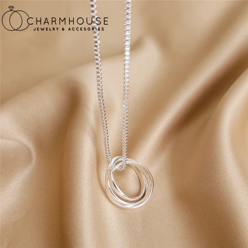 Pure Silver 925 Necklaces For Women Three Loop Ring Pendant & Necklace Chain Collier Femme Trendy Jewelry Accesories Best Gifts