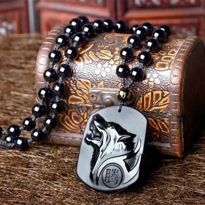 

Exquisite Natural Obsidian Wolf Totem Necklace Pendant